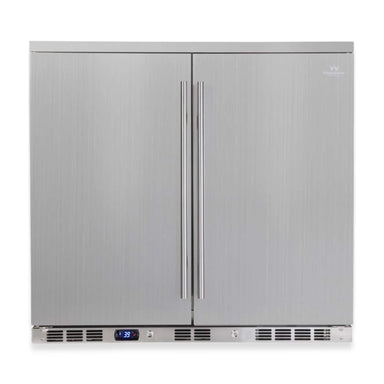 KingsBottle KBU56ASD premium double-door beverage cooler front view with sleek stainless steel doors and digital display.