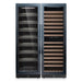 Front view of KingsBottle KBU425BW3 beverage cooler featuring a black glass door and illuminated interior.