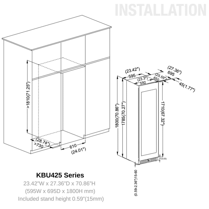 Built-in cutout installation diagram for KingsBottle KBU425BW3 beverage cooler, showing cabinetry integration dimensions.