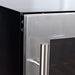 Close-up of the stainless steel handle on the KingsBottle KBU425BW3 beverage cooler, highlighting the sleek design and brushed finish.