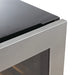 Detailed view of the hidden hinge design on the KingsBottle KBU425BW3 beverage cooler for seamless built-in integration.