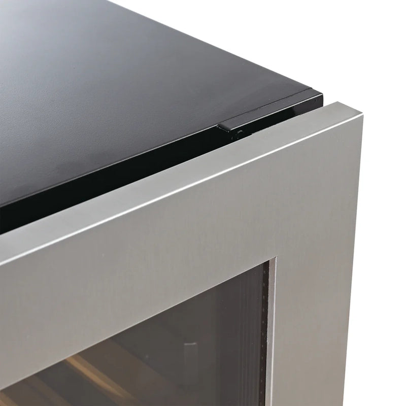 Detailed view of the hidden hinge design on the KingsBottle KBU425BW3 beverage cooler for seamless built-in integration.