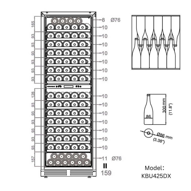 KingsBottle KBU425BW3 beverage cooler storage diagram illustrating can arrangement on each shelf for maximum capacity.