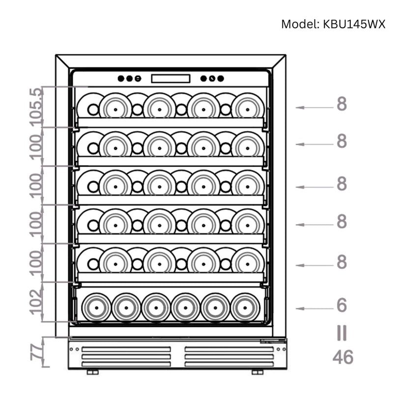 KingsBottle KBU145BW2 alternate bottle capacity diagram showing storage configuration.