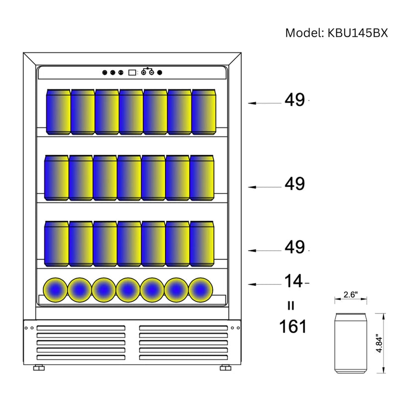 KingsBottle KBU145BW2 wine fridge capacity diagram showing bottle storage layout.
