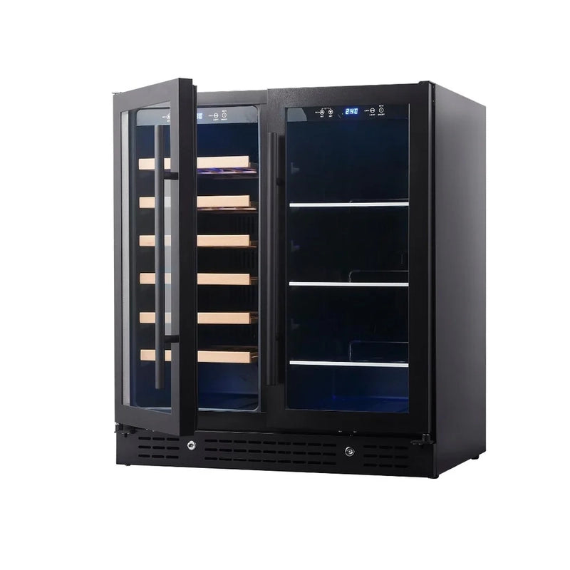  KingsBottle KBU165BW beverage and wine fridge with dual black-framed doors open, displaying wooden wine racks and metal beverage shelves.