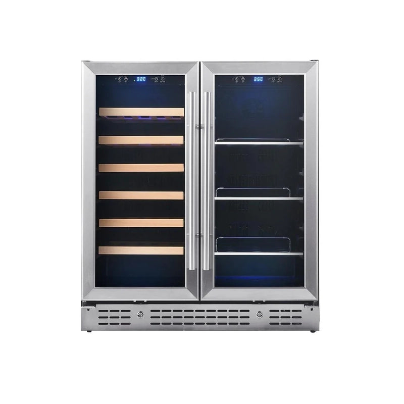KingsBottle KBU165BW dual-zone beverage and wine fridge, front view with stainless steel framed glass doors.