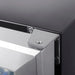 Close-up of KingsBottle KBU165BW stainless steel hinge detail on cabinet corner.