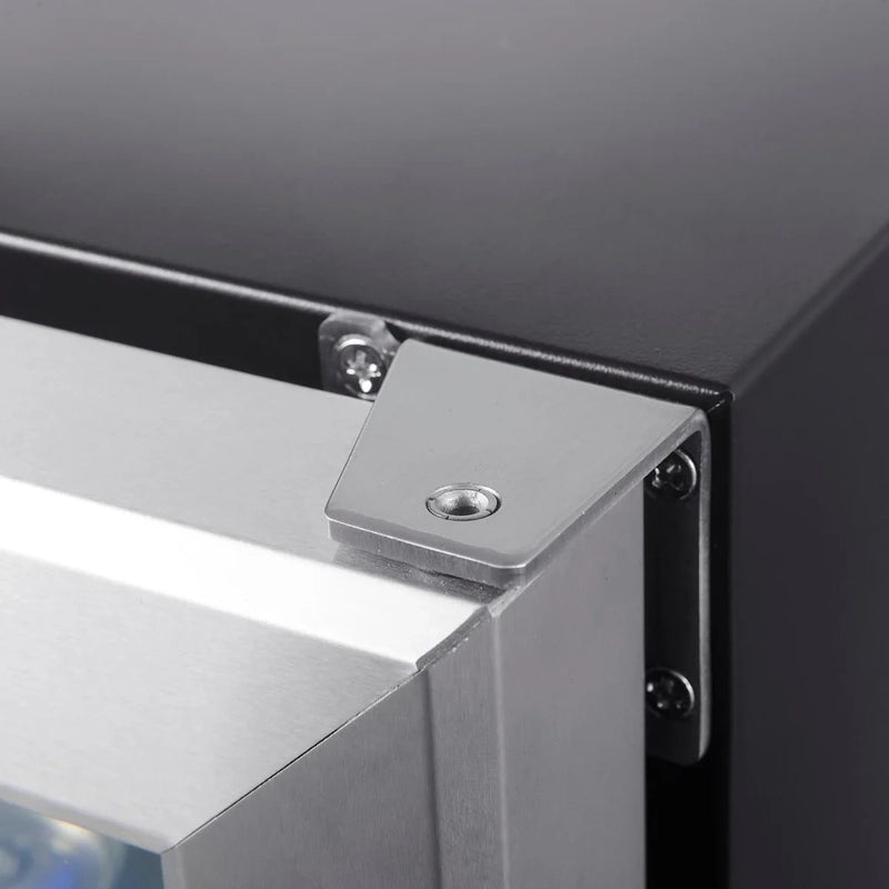 Close-up of KingsBottle KBU165BW stainless steel hinge detail on cabinet corner.
