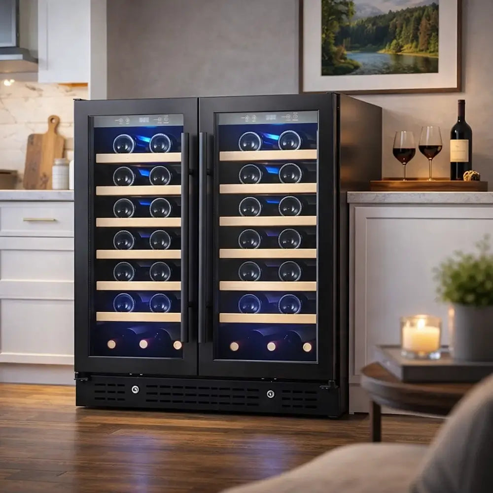 KingsBottle KBU165W2 30-inch dual zone wine cooler in black finish, shown in a modern kitchen with French doors, wood shelves, and blue LED lighting.
