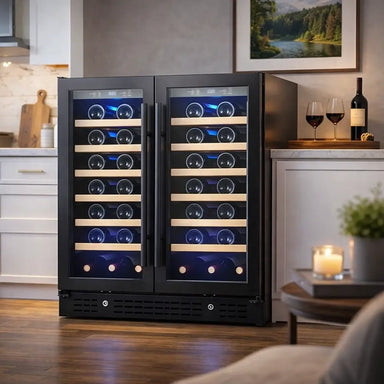 KingsBottle KBU165W2 30-inch dual zone wine cooler in black finish, shown in a modern kitchen with French doors, wood shelves, and blue LED lighting.