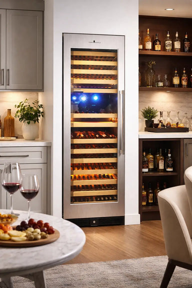 KingsBottle KBU170DX-SS large wine refrigerator built into a modern kitchen bar with stainless steel trim and glass door.