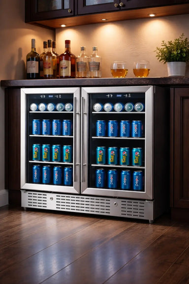 KingsBottle KBU190B2-SS dual zone beverage cooler built-in under a home bar counter with interior blue lighting.