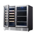 KingsBottle KBU190BW cooler with stainless steel doors open, revealing wooden shelves for wine and glass shelves for beverages.