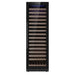 KingsBottle KBU425WX wine fridge with black door, front view showcasing the full-height glass panel and wooden shelving inside.