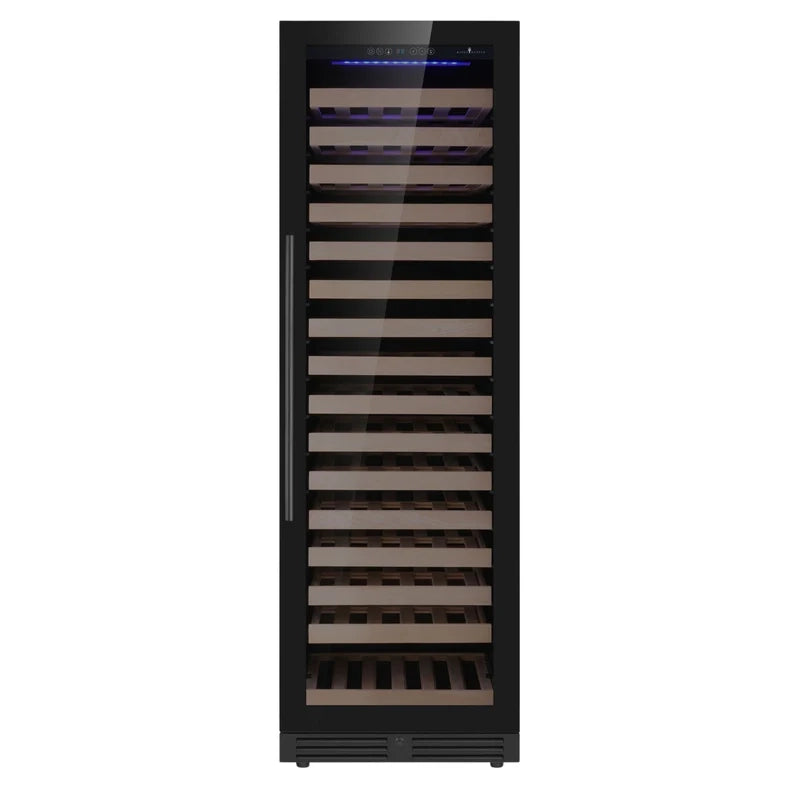 KingsBottle KBU425WX wine fridge with black door, front view showcasing the full-height glass panel and wooden shelving inside.