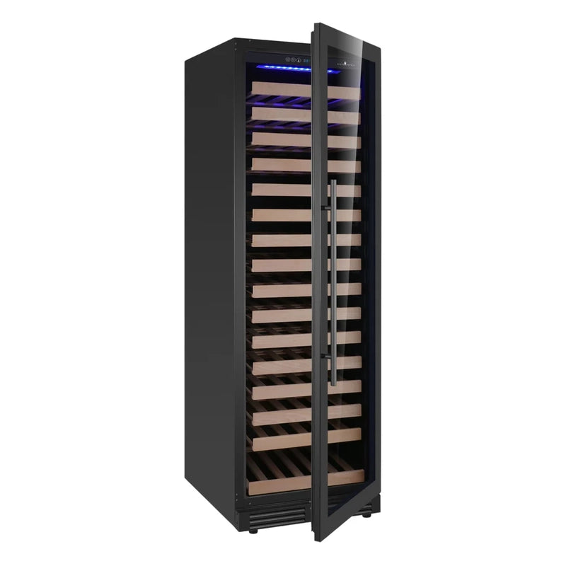 KingsBottle KBU425WX wine fridge with black door and right hinge, front-facing view.