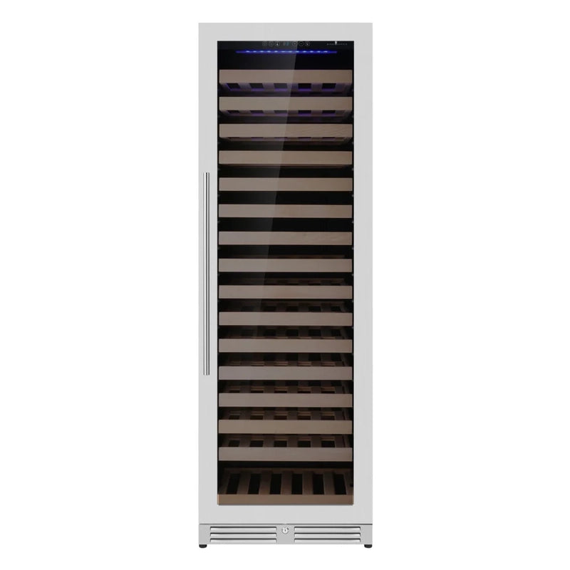 KingsBottle KBU425WX wine cooler with stainless steel door and right hinge, angled view showing sleek build.