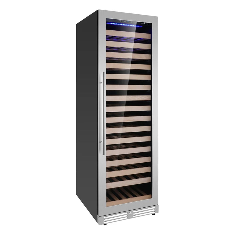 KingsBottle KBU425WX full-height wine fridge with stainless steel frame, right hinge door closed, showcasing modern design.