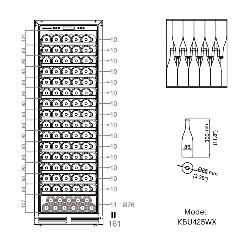 KingsBottle KBU425WX wine cooler interior with fully extended wooden shelves designed for bottle storage.