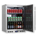 KingsBottle KBU55M right-hand hinge beverage fridge, door open showing soda cans and beer bottles inside.