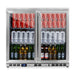 KingsBottle KBU56M double-door beverage fridge front view with glass doors and stocked shelves.
