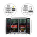 KingsBottle KBU56M double door beverage fridge filled with beer cans and bottles with storage capacity graphics.