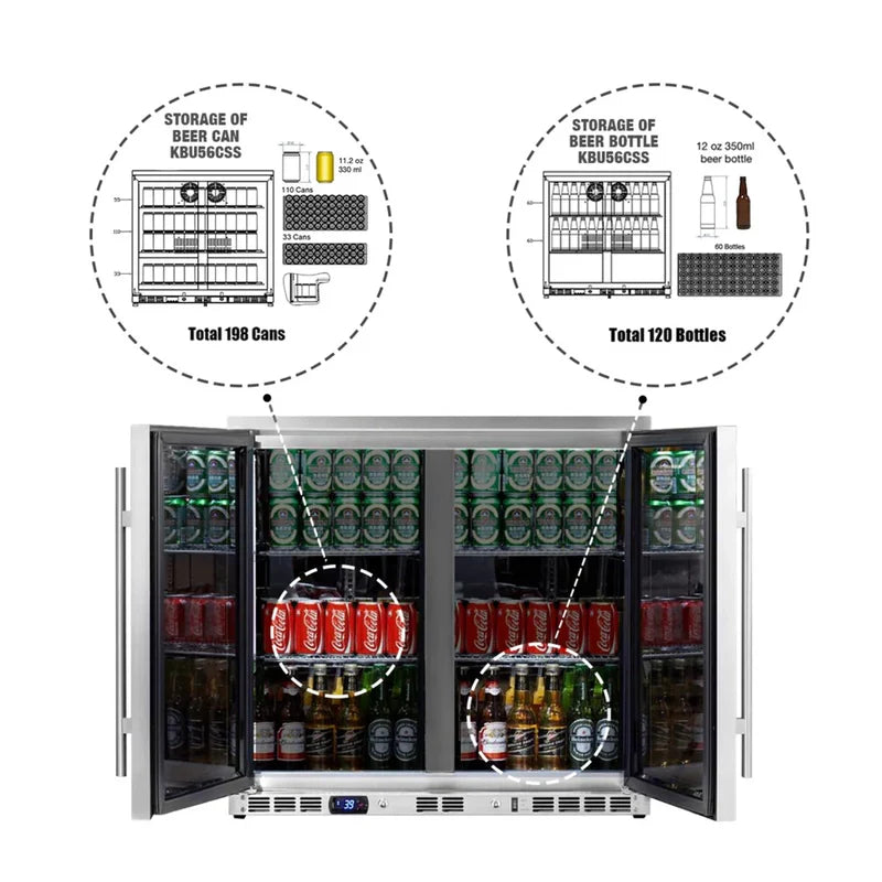 KingsBottle KBU56M double door beverage fridge filled with beer cans and bottles with storage capacity graphics.