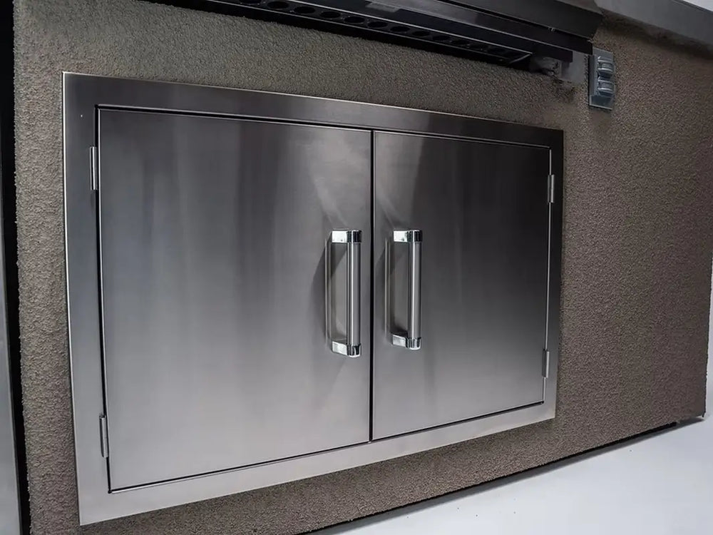 Stainless steel access doors for outdoor kitchen island