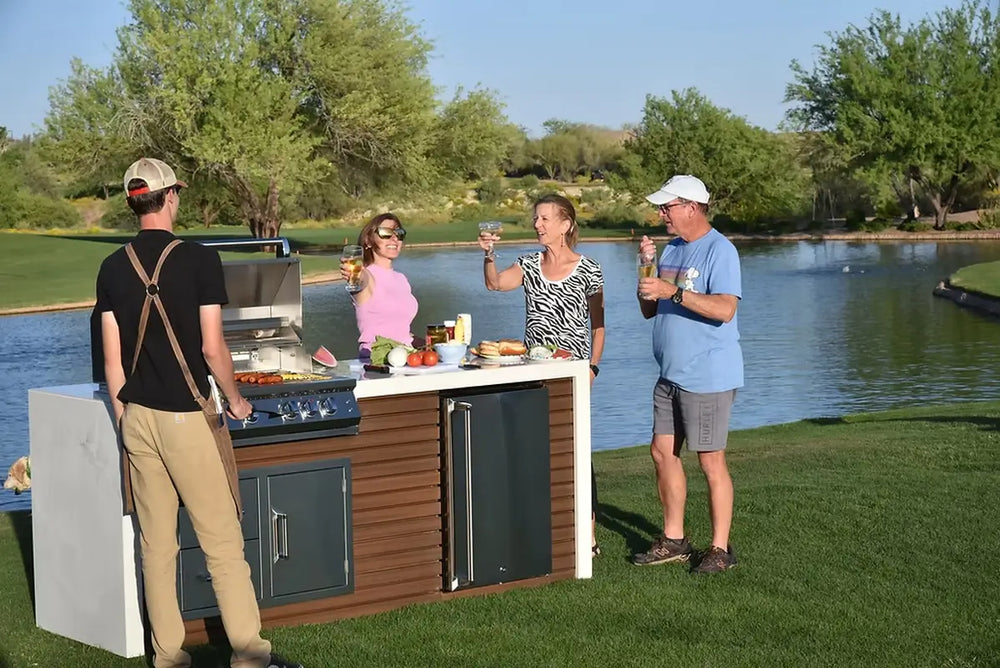 backyard party using shiplap grill island