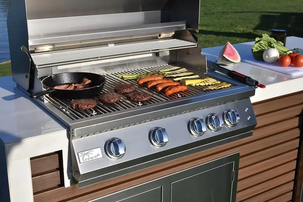 grilled food on shiplap bbq island