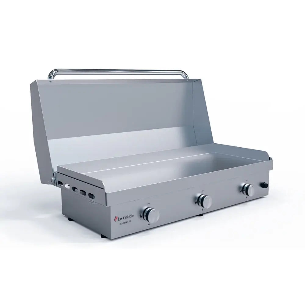 Le Griddle 41" Big Texan Gas Griddle with Lid – 27,000 BTUs Open Lid Angled VIew