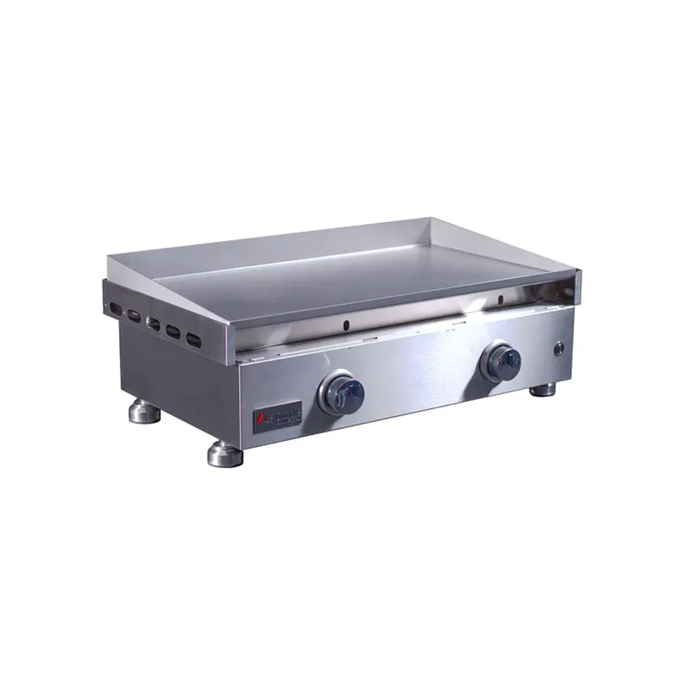 Angled front view of Le Griddle OML75C3 stainless steel gas griddle