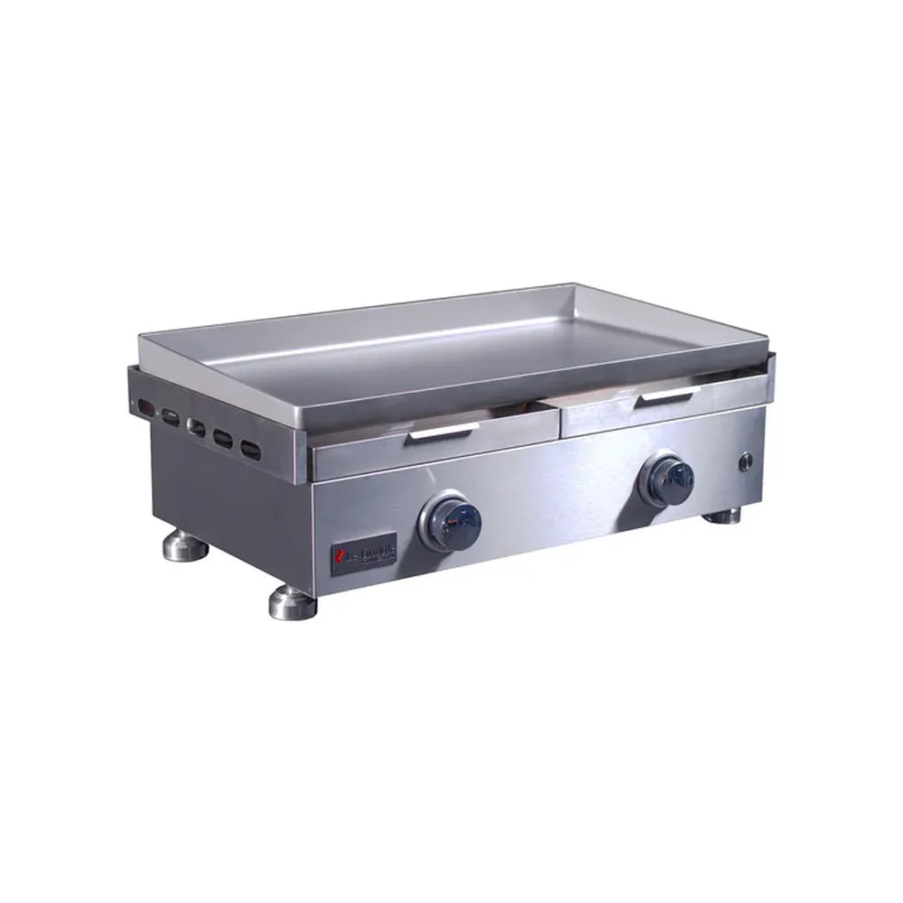 Angled view of Le Griddle OML75C6 gas griddle with open grease tray