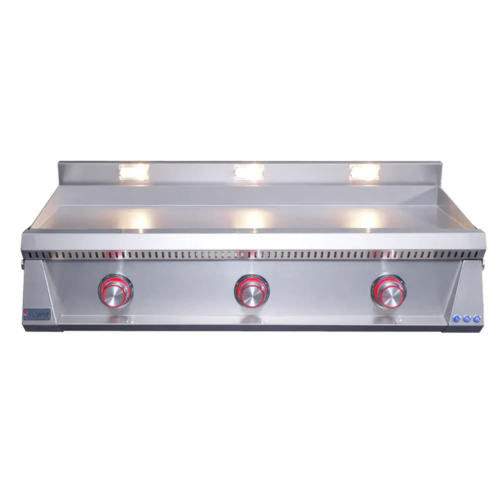 Le Griddle OML105P3 gas griddle with red illuminated 3-burner control knobs