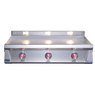 Le Griddle OML105P3 gas griddle with red illuminated 3-burner control knobs