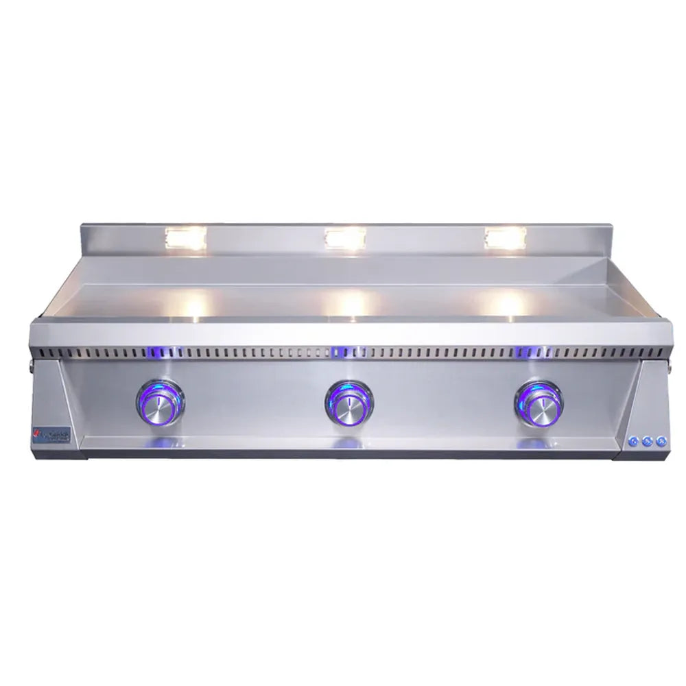 Le Griddle OML105P3 gas griddle with blue illuminated 3-burner control knobs