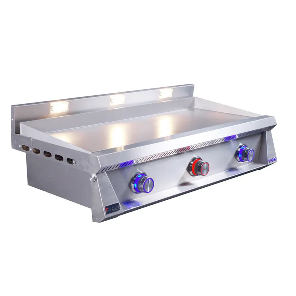 Angled view of Le Griddle OML105P3 3-burner gas griddle with mixed knob lights