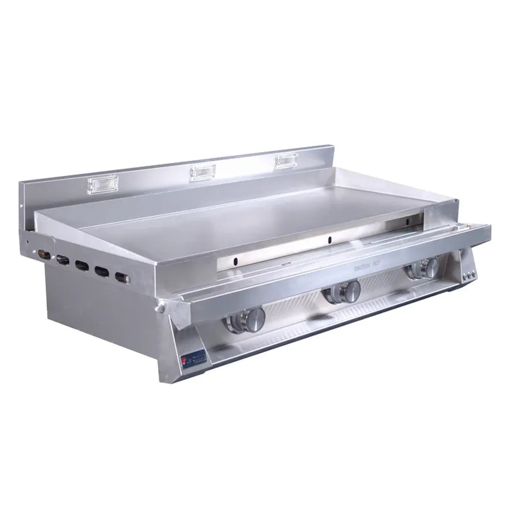 Angled view of Le Griddle OML105P3 gas griddle with front grease tray open