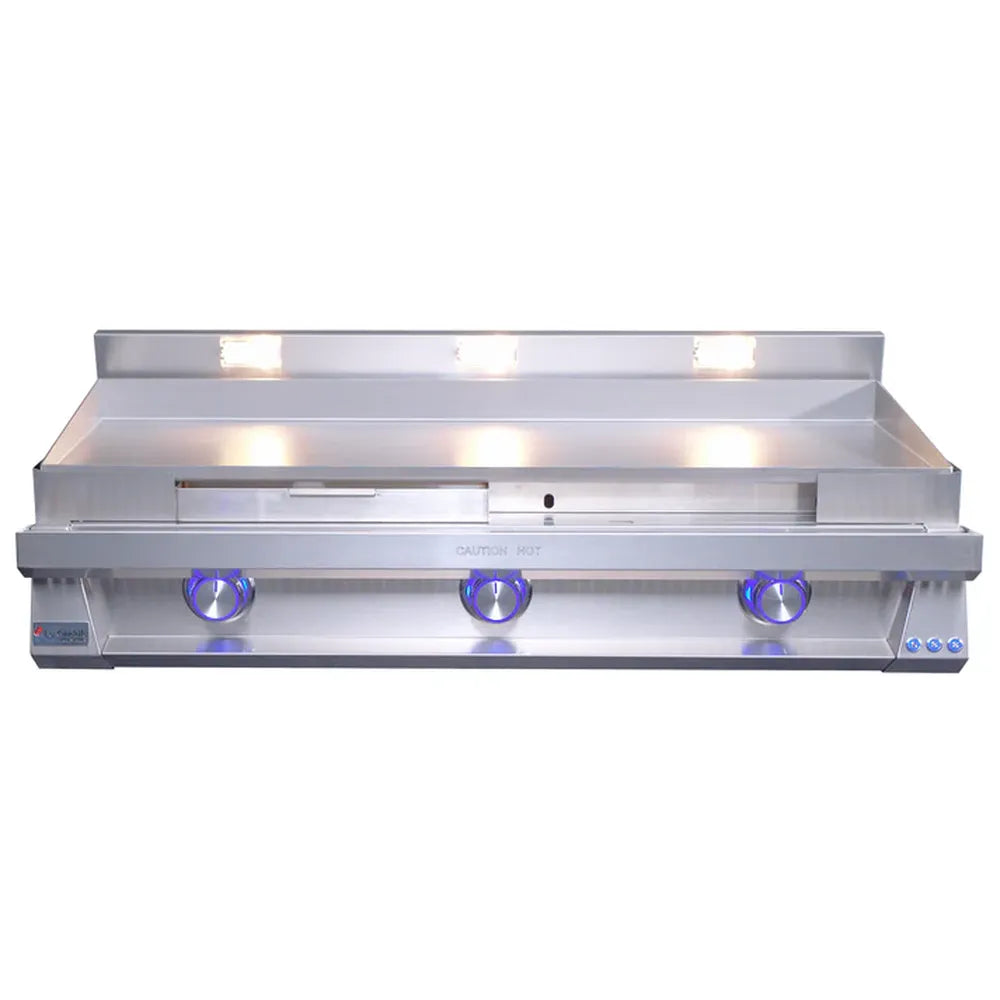Le Griddle OML105P3 gas griddle with open grease tray and blue illuminated knobs