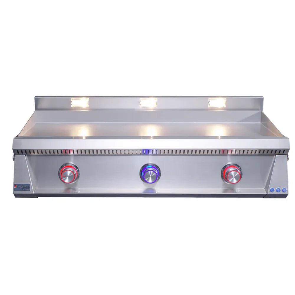 Le Griddle OML105P3 gas griddle with red and blue illuminated burner knobs