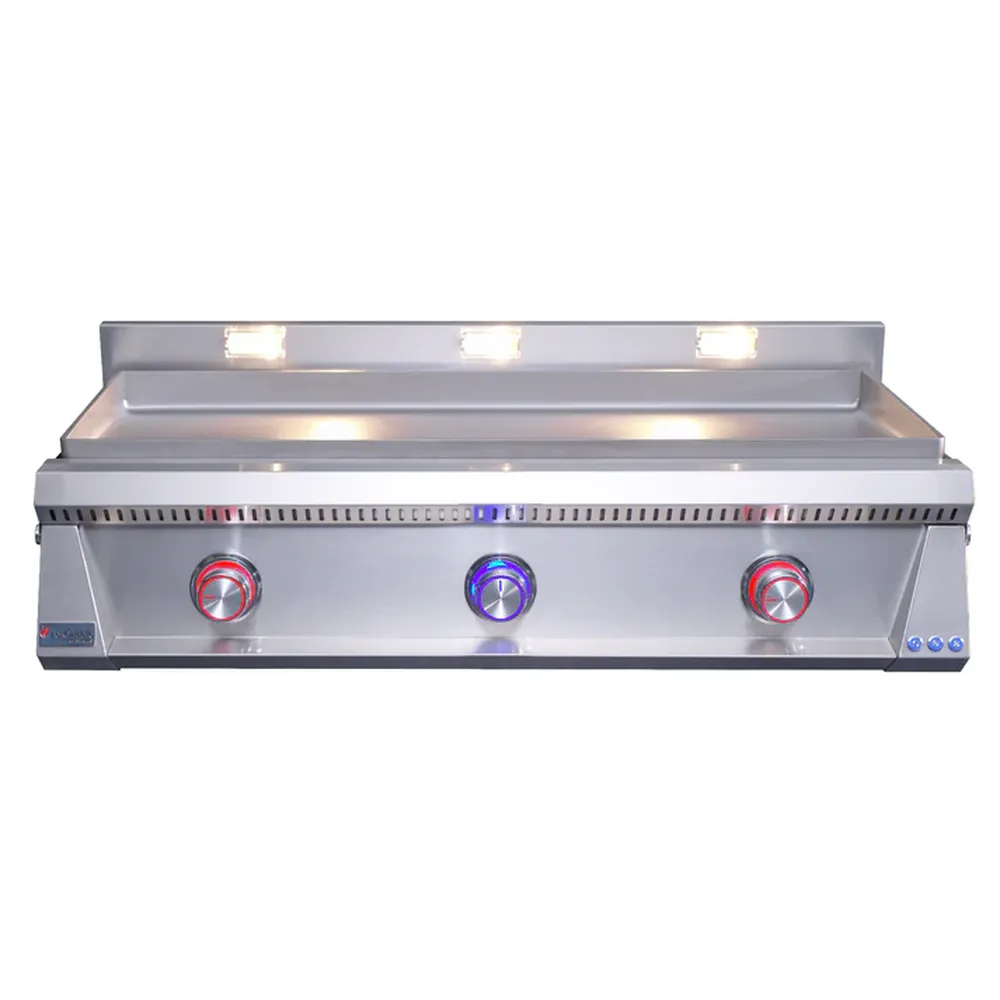 Le Griddle OML105P6 gas griddle with mixed red and blue illuminated 3-burner knobs