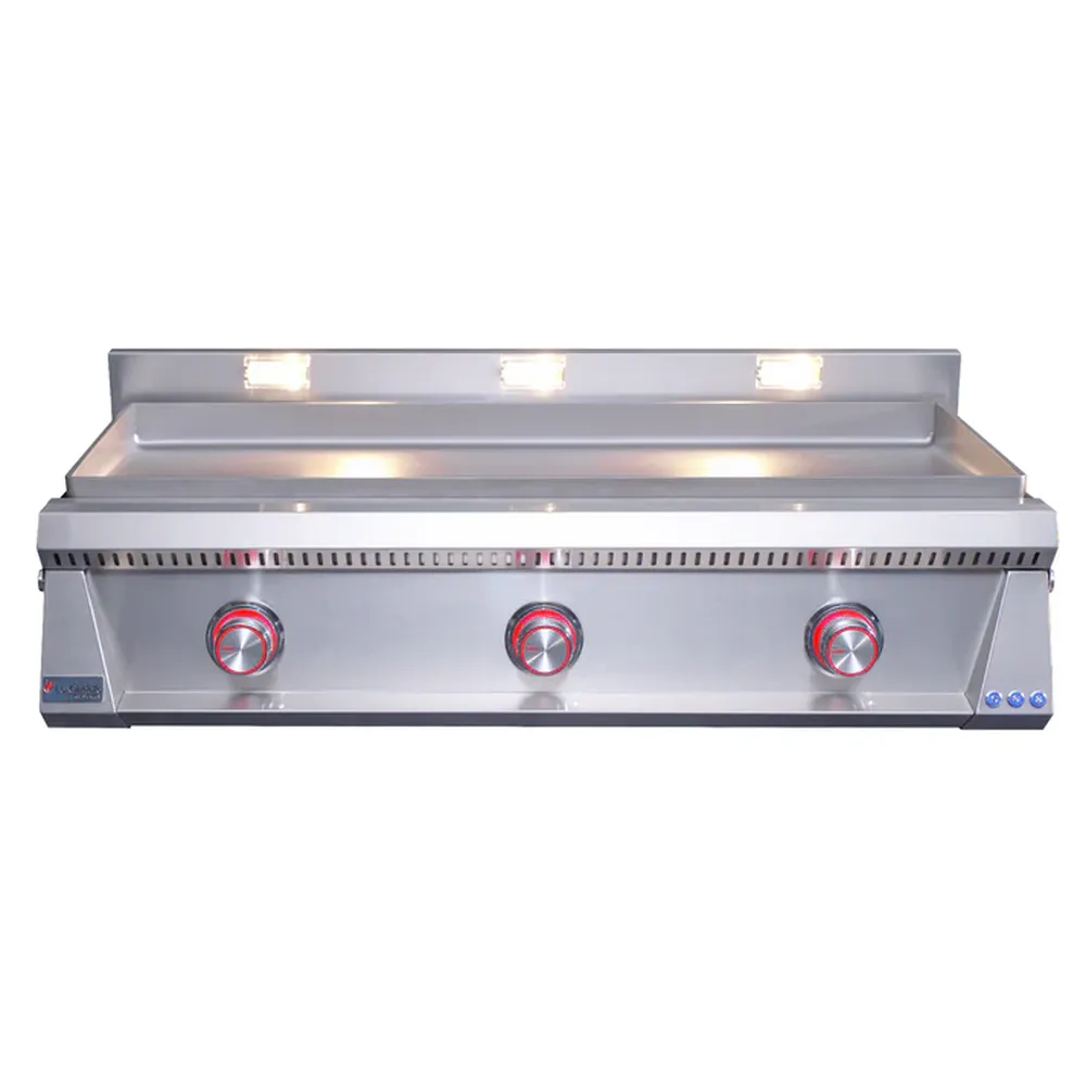 Le Griddle OML105P6 gas griddle with red illuminated 3-burner control knobs