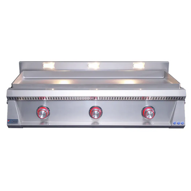 Le Griddle OML105P6 gas griddle with red illuminated 3-burner control knobs