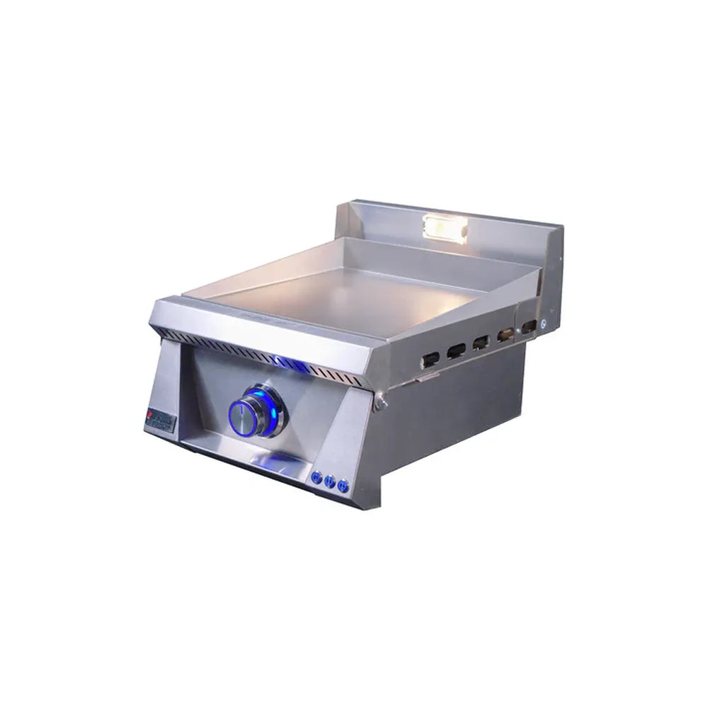 Angled view of Le Griddle OML40P3 gas griddle with 3mm plate and task light