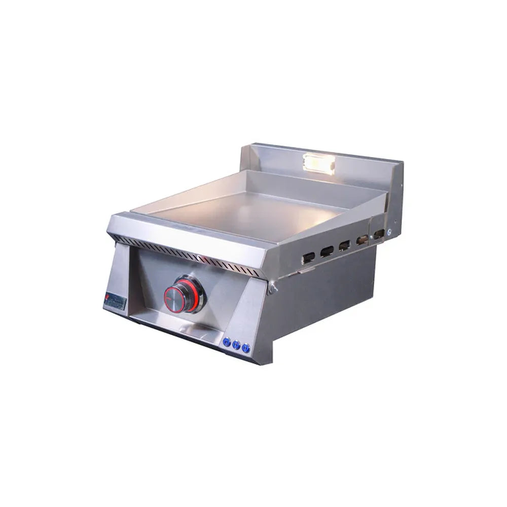 Angled view of Le Griddle OML40P3 gas griddle with red illuminated control knob