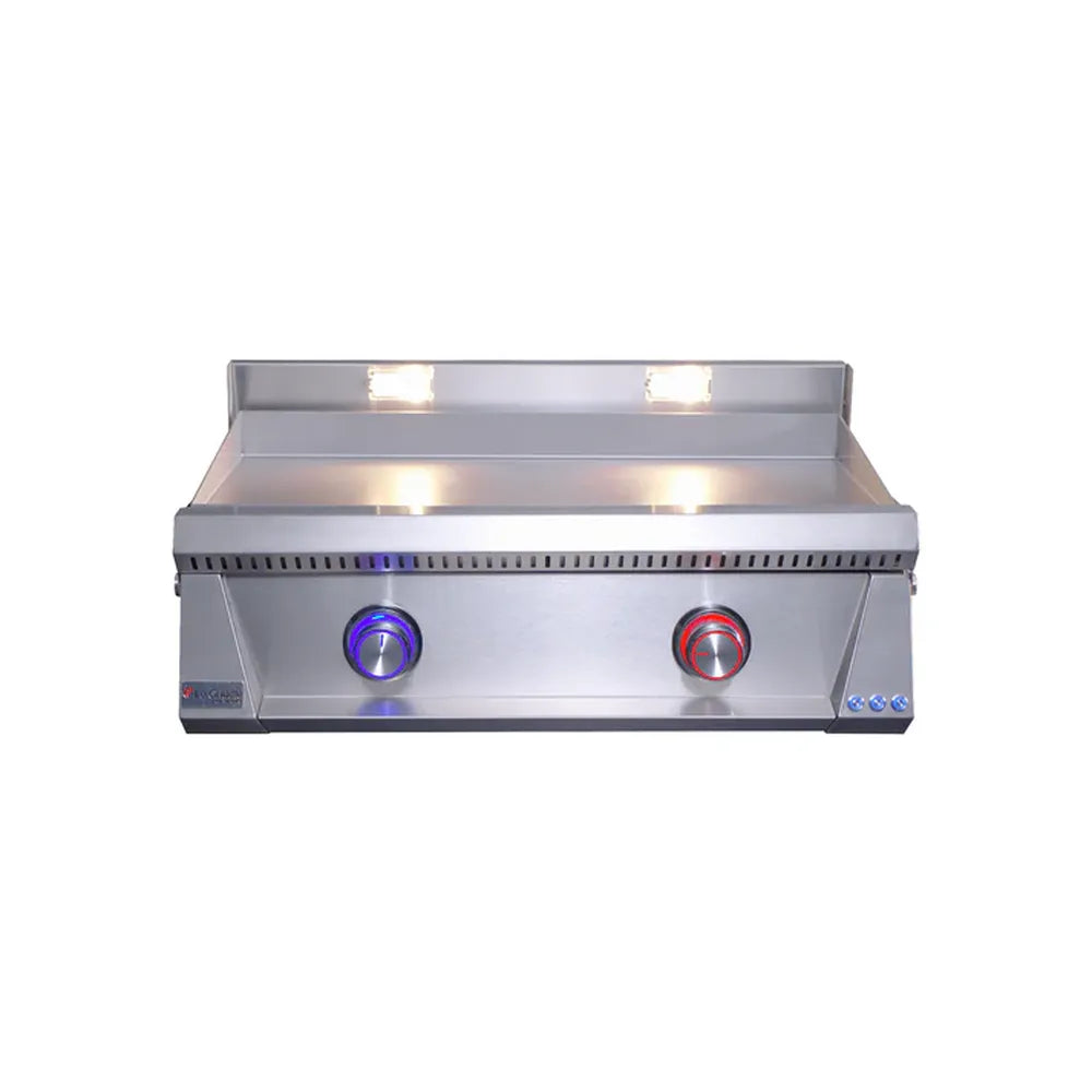 Le Griddle Pro Series 75 gas griddle with mixed blue and red burner knob lights