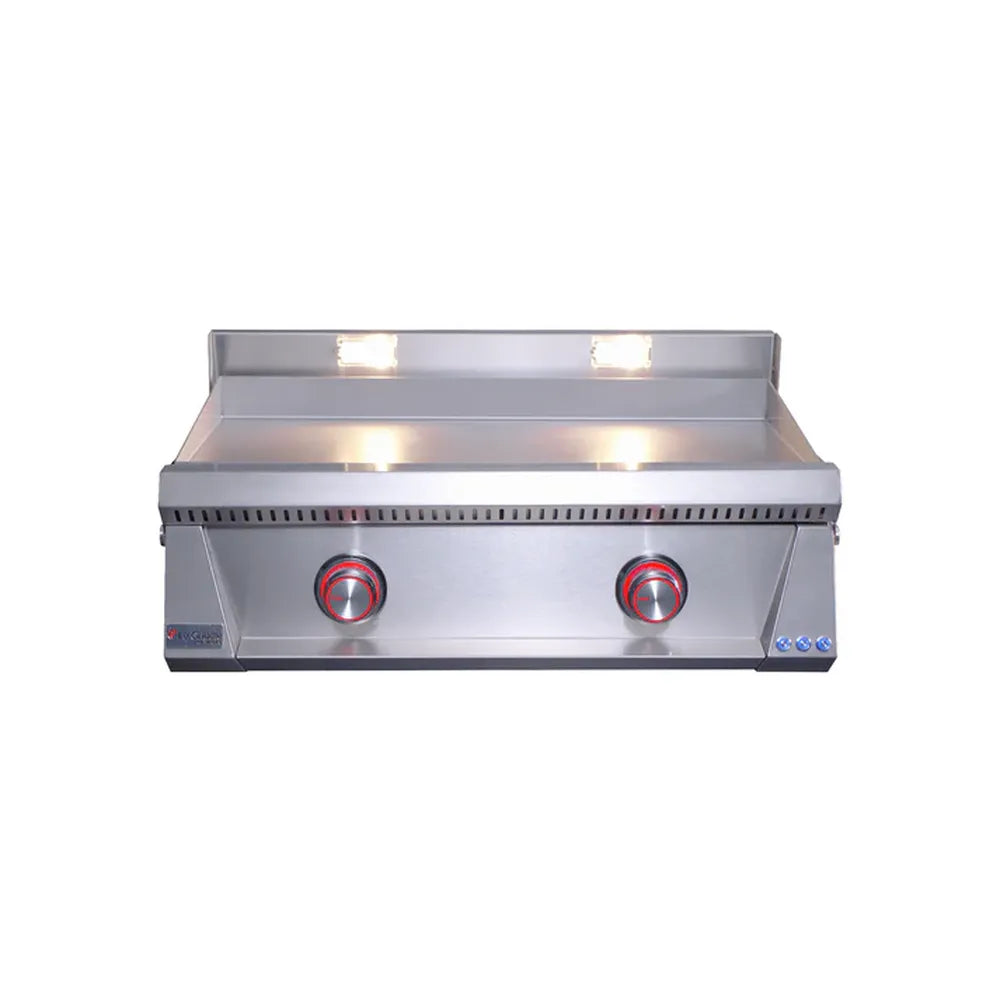 Le Griddle Pro Series 75 gas griddle with red illuminated 2-burner control knobs