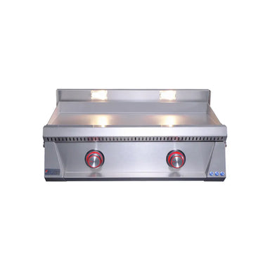 Le Griddle Pro Series 75 gas griddle with red illuminated 2-burner control knobs
