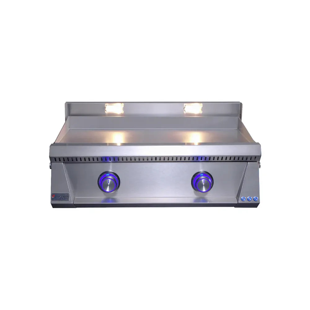 Le Griddle Pro Series 75 gas griddle with blue illuminated 2-burner control knobs